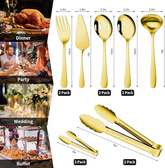 Gisly Gold 12 Pieces Serving Utensils Include Large Serving Spoons,Slotted Serving Spoons,Serving Forks,Serving Tongs,Appetizers Tongs,Soup Ladle and Pie Cake Server for Buffet Catering