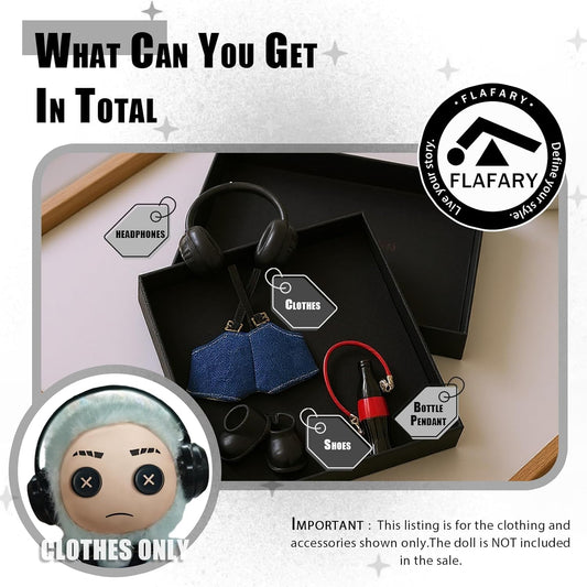 Doll Clothes for 17cm Dolls (No Doll Included) - Stylish and Adorable Outfits for Boys and Girls, Toy Fashion Accessories, Include Headphones, Small Bottle Pendant, Canvas Shoes(Black)