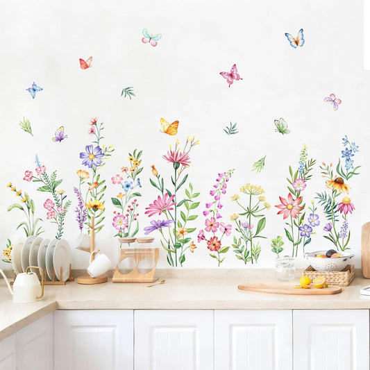 Flower Wall Decals Watercolor Wildflower Grass Butterflies Wall Stickers Peel and Stick Vinyl Decal for Girls Bedroom Living Room Home Office