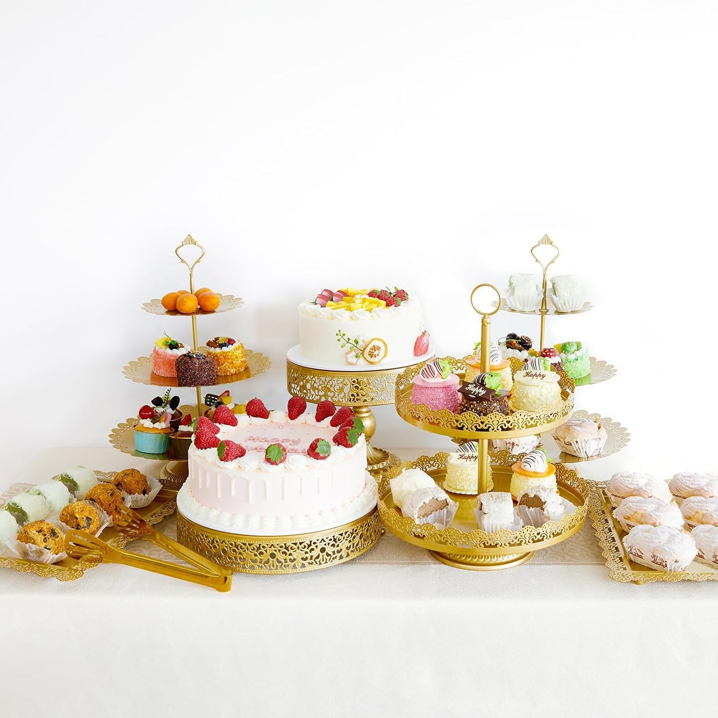 11 Pcs Gold Cake Stand Set for Wedding, Dessert Table Display Set for Birthday, Metal Square Serving Trays for Candy, Cupcake Pop Stand Holder Tower with Round Base for Celebration, The Platters for Party