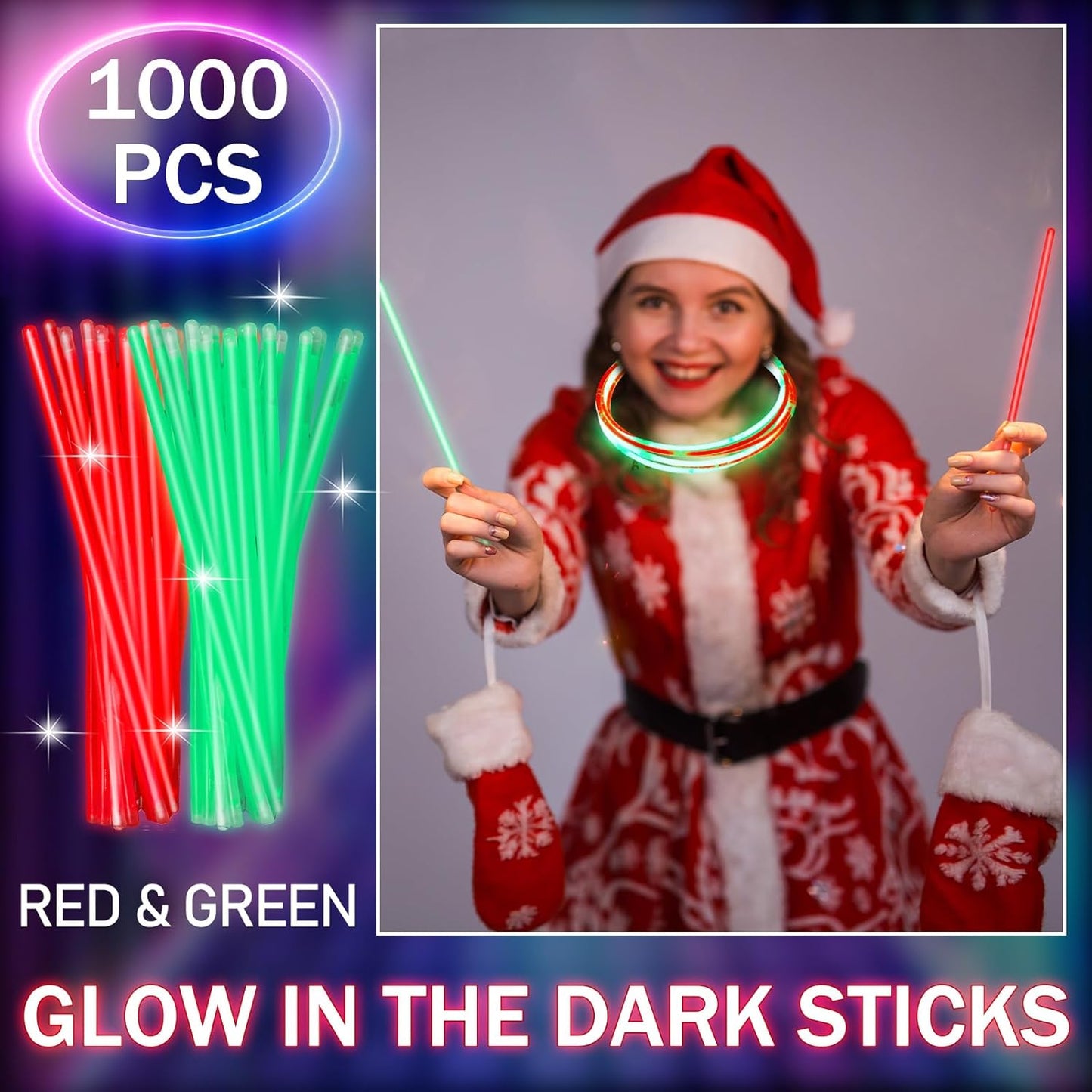 Lenwen 1000 Pcs Christmas Glow Sticks Bulk 8 Inch Glow Bracelets Glowing in the Dark Light up Sticks with Connectors for Neon Birthday Christmas Party Favors Supplies Decorations(Red, Green)