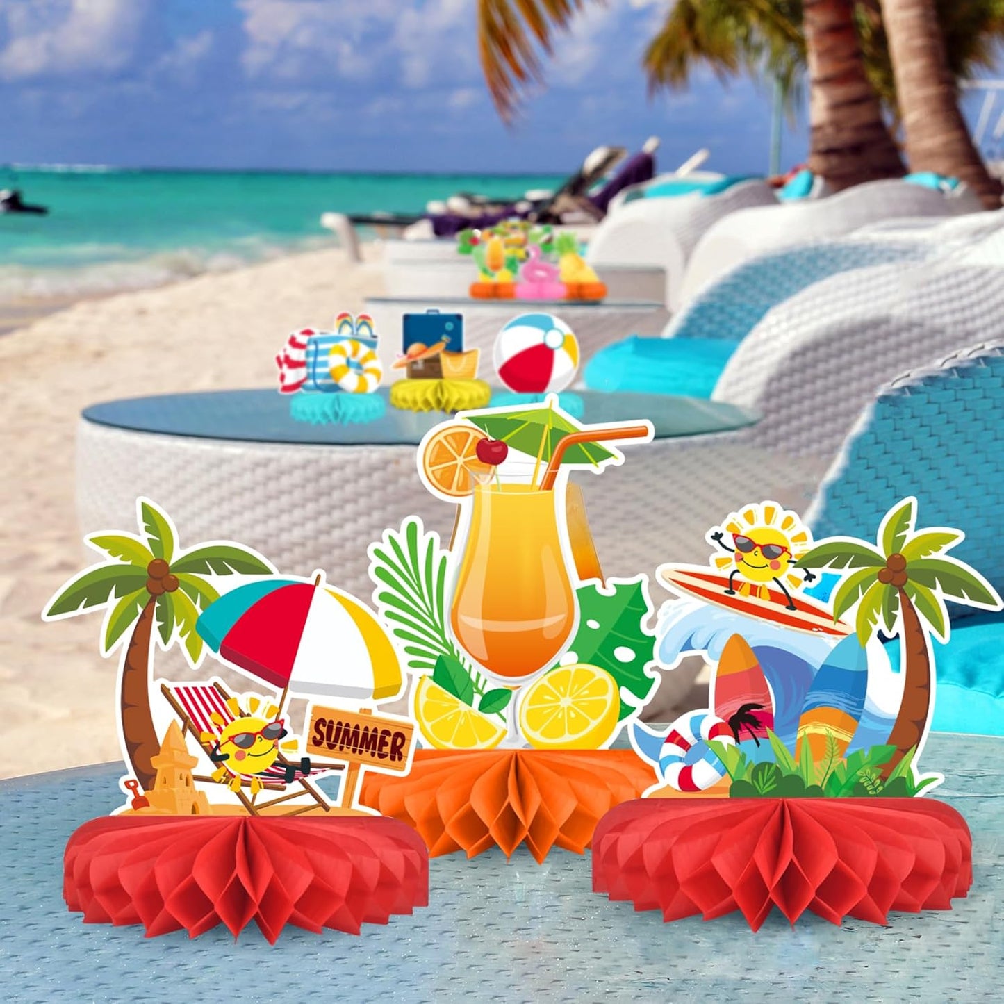 Beach Party Decorations Kit - Beach Themed Honeycomb Centerpieces and Table Decor for Summer & Pool Party Decorations