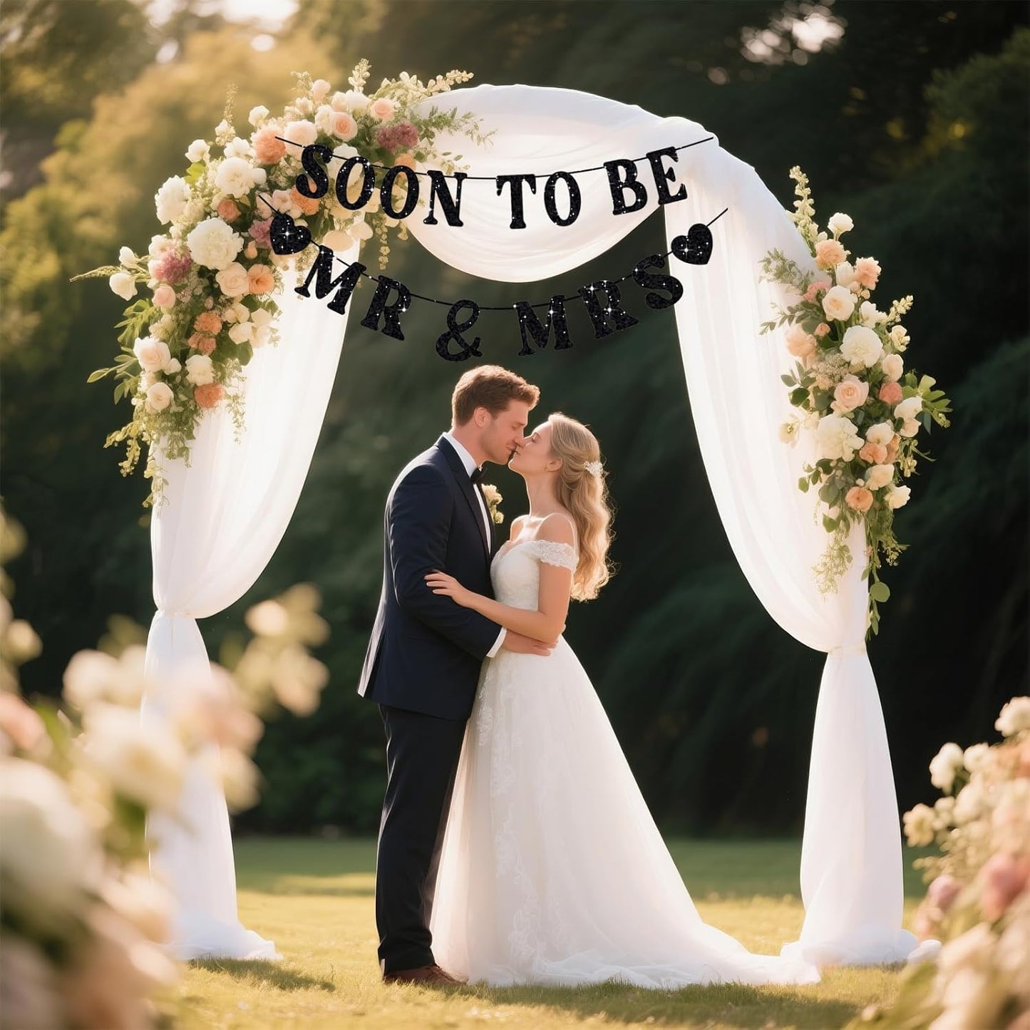 Soon To Be Mr & Mrs Sign, Bridal Shower Banner, Pre-Strung Black Glitter Wedding Shower Decorations, Couples Shower Decorations for Mantle Hanging Sign Engagement Banner