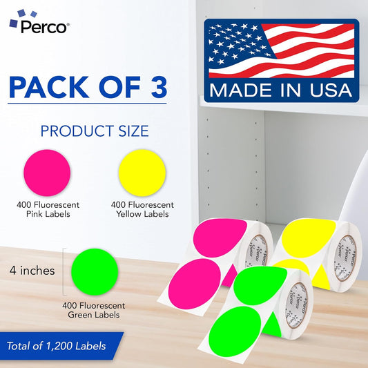 Perco 4-Inch Perforated Circle Dot Sticker Labels — 3 Rolls, 1,200 Round Fluorescent Stickers (1 Green, 1 Yellow, 1 Pink) — with Permanent Adhesive for Event Signage, Safety Warnings — Made in USA
