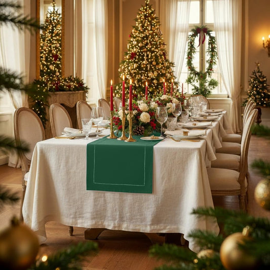 D'Moksha Homes Linen Forest Green Table Runner 90 Inches Long - Classic Hemstitch 100% Pure Linen Dining Table Runner 14 x 90 Inch for Fall, Autumn and Halloween