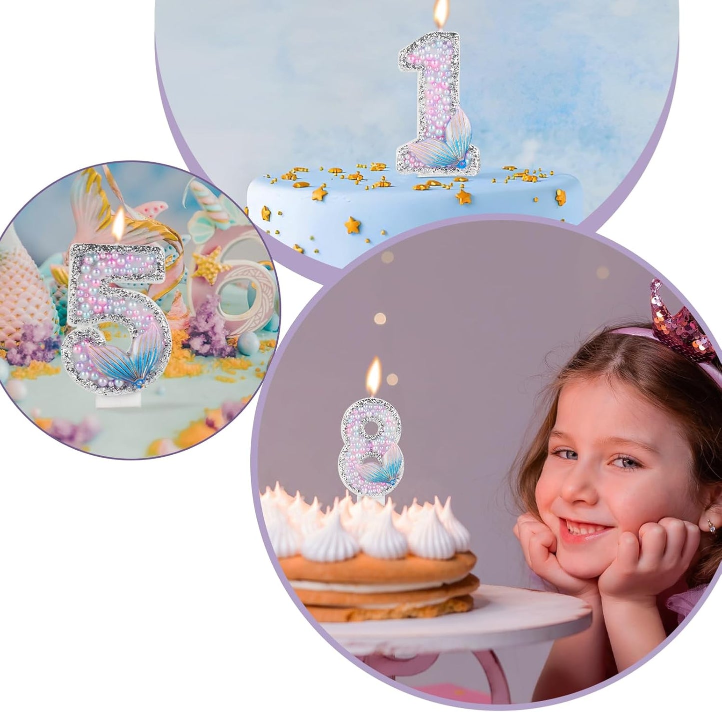 Girls Pink Mermaid Tail Birthday Candles - Glitter Candy & Topper Set for Cakes - Celebrate 3rd Birthday