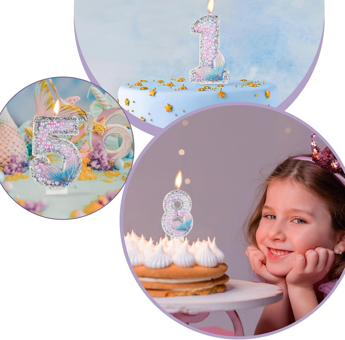 Girls Glitter Mermaid Tail 2 Candles, Pink Pearls Mermaid Tail Cake Topper, Happy 2nd Birthday Candles
