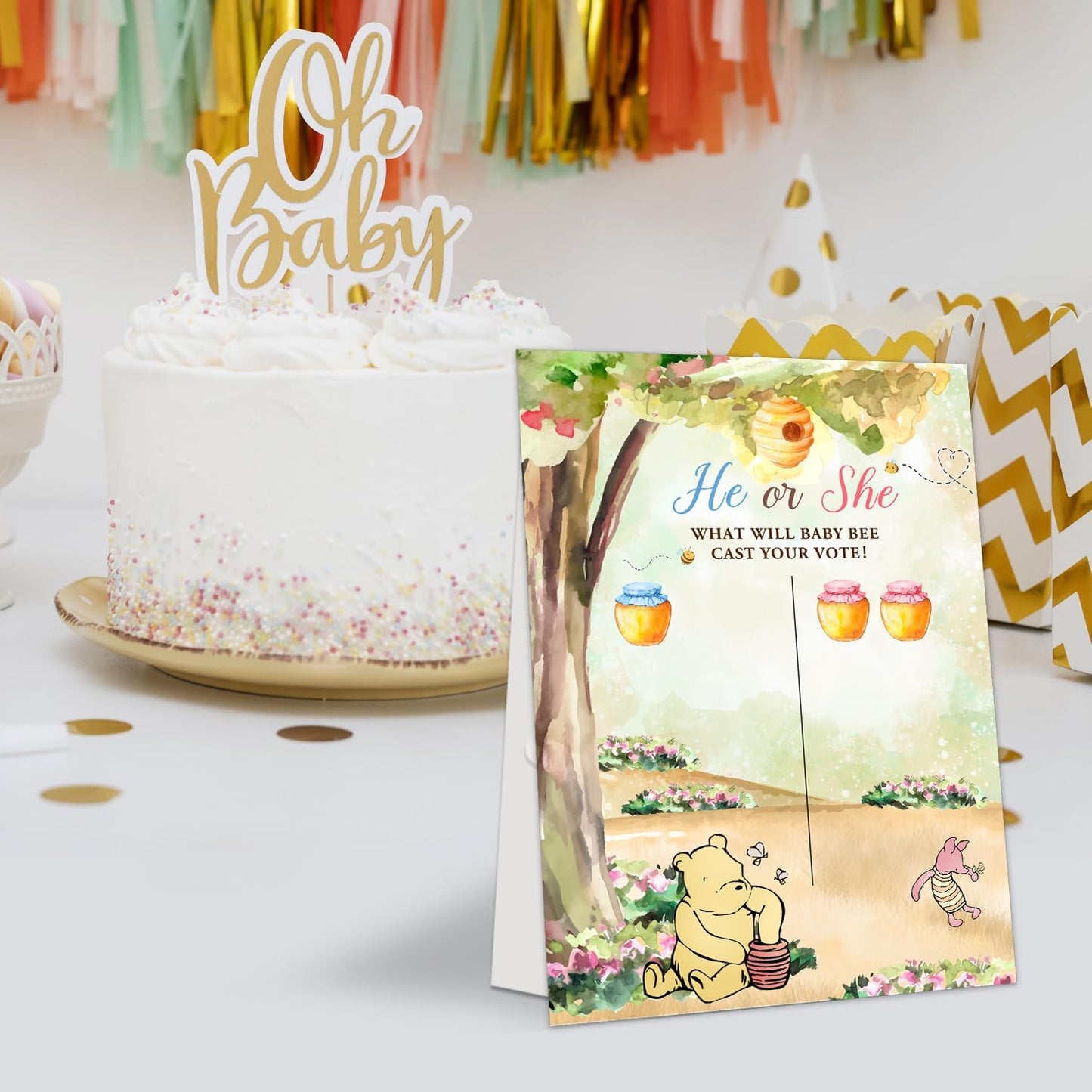 Gender Reveal Winnie the Pooh Party Games, Winnie the Pooh Theme Baby Gender Reveal Voting Board Sign, 48 Boy Girl Voting Stickers, He or She, Baby Gender Reveal Party Games for Boy or Girl Shower