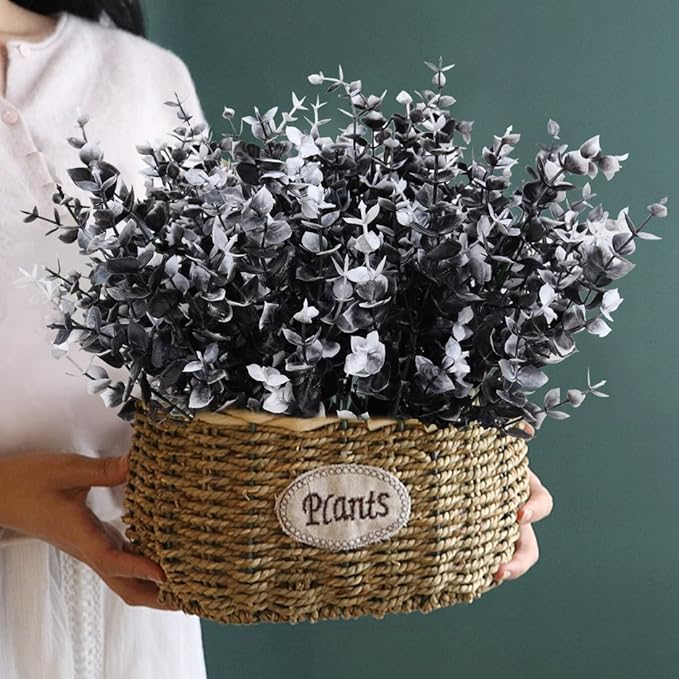 RECUTMS Black Artificial Flowers, 12 Pcs Fake Outdoor UV Resistant Plants Faux Plastic Greenery Shrubs Indoor Outside Hanging Planter Flower Decoration, Garden Decor (Black+White Eucalyptus)