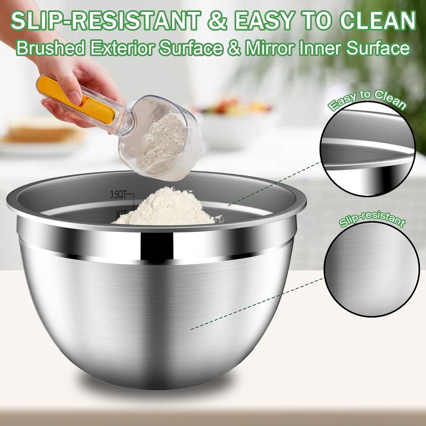 Mixing Bowls with Lids Set, Stainless Steel Mixing Bowl Set with Colander, Strainer with Bowls - Pistachio