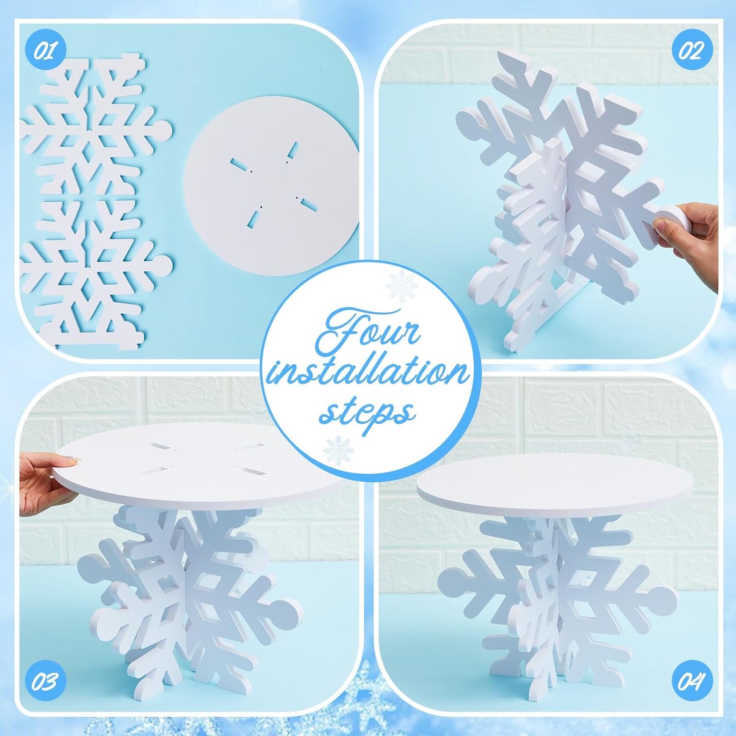 Lallisa 12" Snowflake Frozen Cake Stand White 3D Snowflake PVC Cake Decorations with Engraved Snow Themed Holder Winter Dessert Stand Centerpieces for Winter Birthday Christmas Frozen Party Supplies