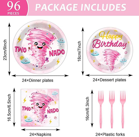96Pcs Two Nado Party Supplies Pink Two Nad Disposable Paper Plates Napkins 2nd Birthday Decorations Girls 2 Year Old Birthday Dinnerware Party Favor Baby Tableware Serves 24