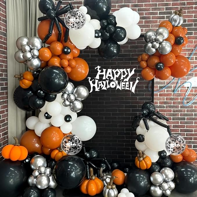 Orange Black White Silver Balloon Garland Arch Kit, 167Pcs Latex Balloons Different Sizes 18 12 10 5 inch for Birthday Graduation Halloween Basketball Theme Party Decoration