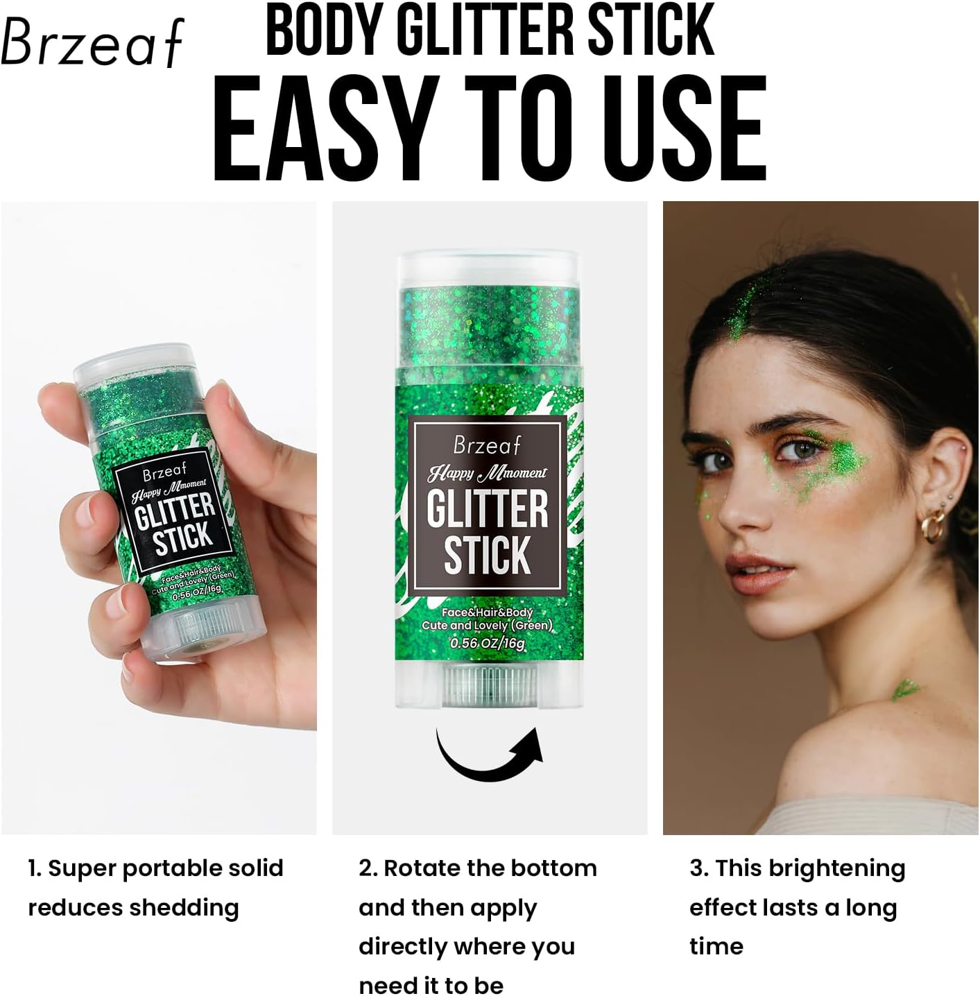 Brzeaf Waterproof Green Body Glitter Stick, Christmas Chunky Glitter for Face/Body/Hair/Eyes/Lip, Singer Concert Music Rave Festival, Glitter Stick Makeup & Face Glitter Gel for Women Men 0.56 OZ