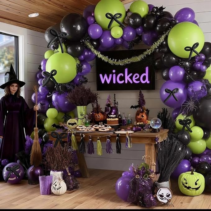 Black Purple Balloon Garland Arch Kit, Double Stuffed Purple Black Balloons Lime Green Lavender Balloon Arch for Wedding Birthday Baby Shower Gothic Wednesday Party Decorations