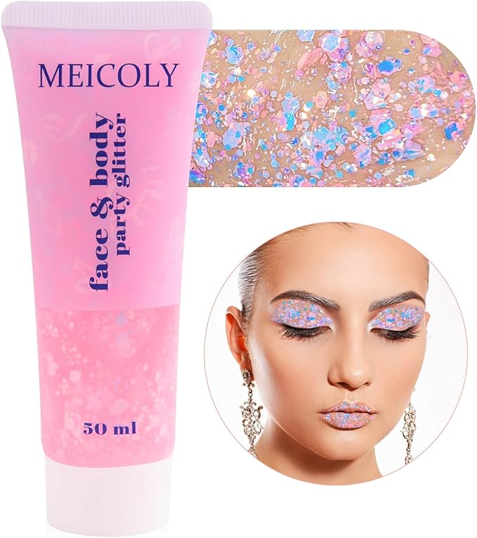 MEICOLY Chameleon Baby Pink Body Glitter,Pink Turn to Purple Face Glitter Paint,Holographic Color Changing Mermaid Face Glitter Gel for Hair,Self-Adhesive Chunky Glitter for Halloween Festival Party