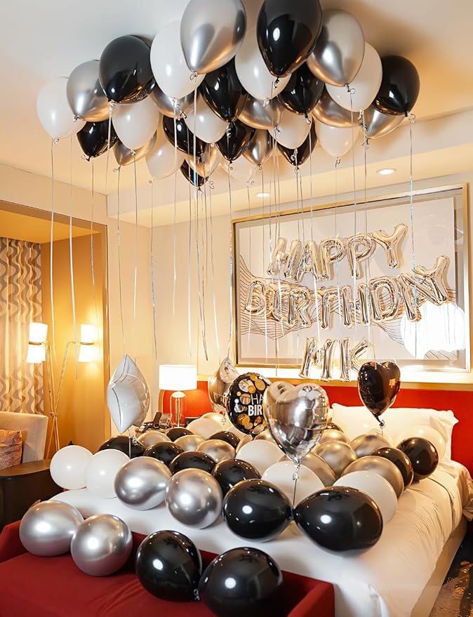Black and Silver Balloons, 60 Pcs 12 In Metallic Silver, Black, White & Confetti Balloons for New Year’s Eve, Countdown Party, Christmas, Wedding, Birthday, Graduation, Anniversary Decorations