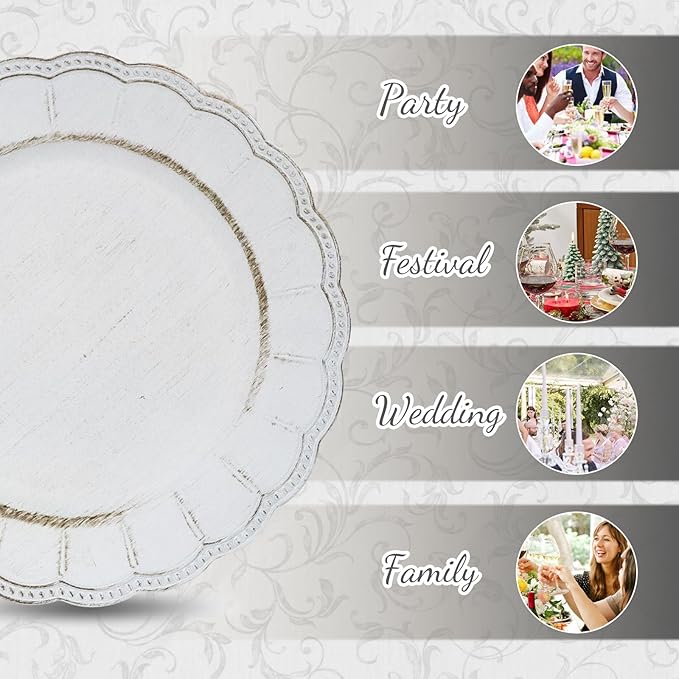 MAONAME Antique White Plate Chargers, 13" Round with Beaded Rim, Dinner Plates, Plastic for Party, Wedding
