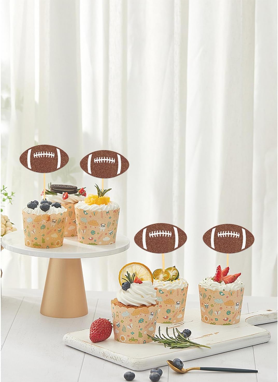 24pc Glitter Football Cupcake Toppers for Football Party, Baby Shower Decorations