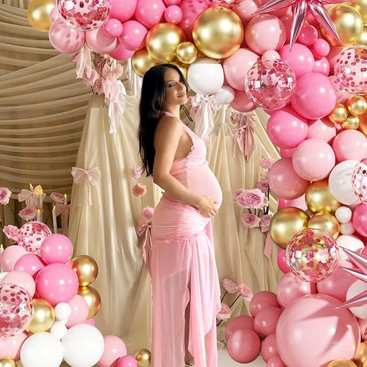 Pink White Gold Balloon Garland Arch Kit, 140Pcs Hot Pastel Pink Gold White Confetti Balloons With Stars for Birthday Wedding Birdal Shower Gender Reveal Graduation Party Decorations