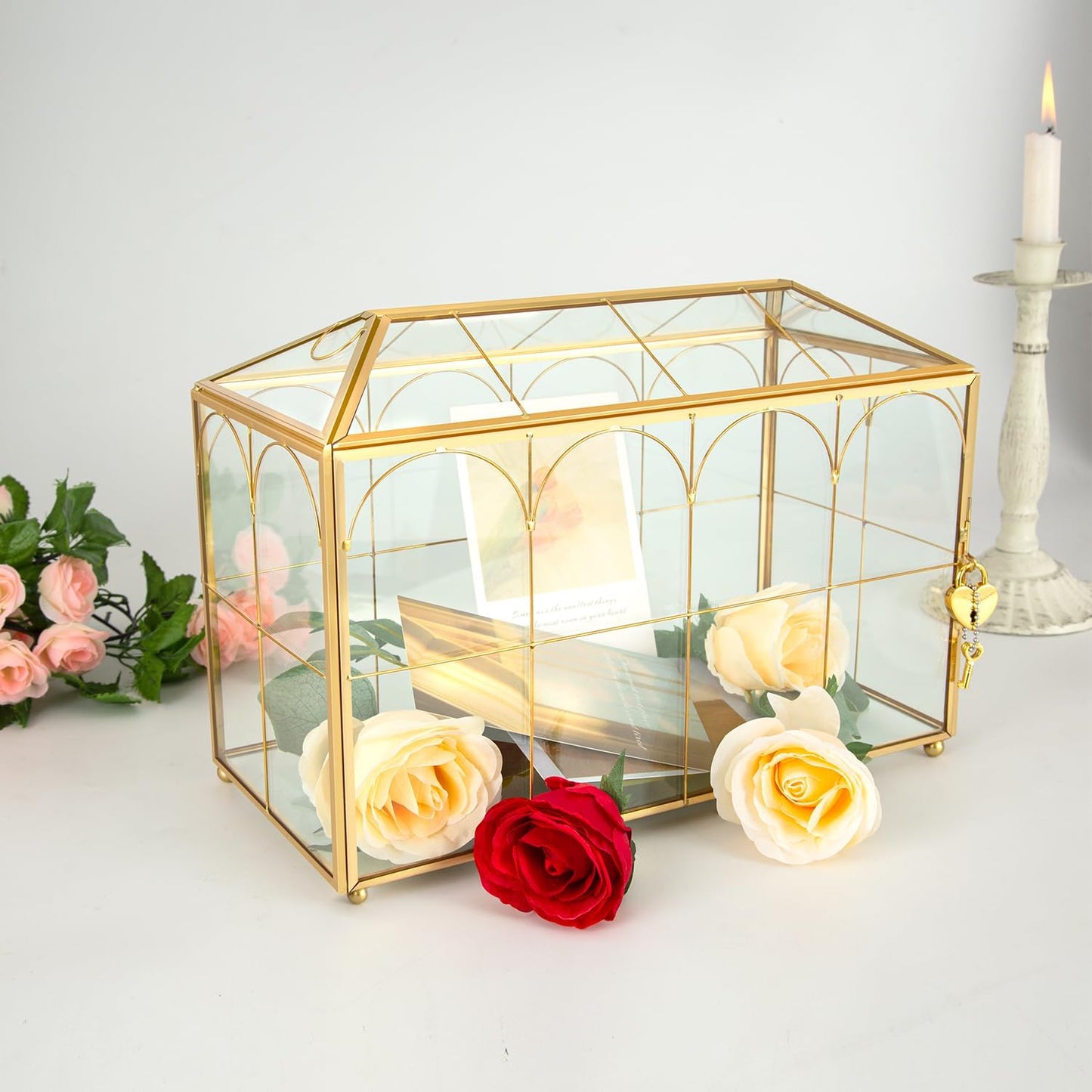 Glass Wedding Card Box with Lock, 12.6x5.9x9 inches Large Gold Card Boxes for Wedding Reception, Graduation, Keepsake Display, Party Centerpiece Gift Box