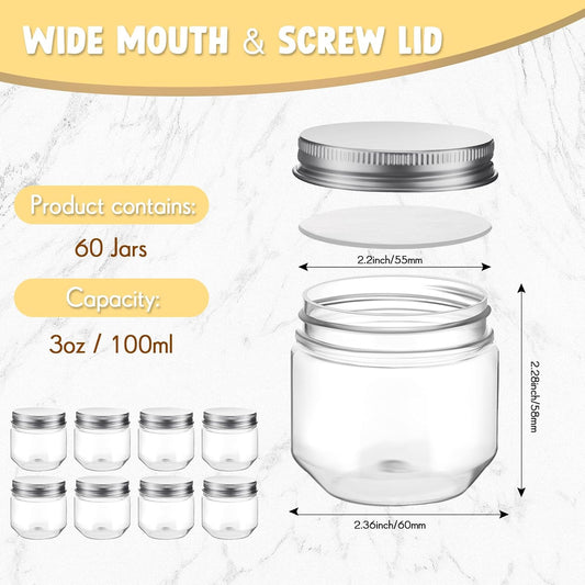 Tanlade 60 Pcs 3 oz Clear Plastic Jars with Lids Wide Mouth Mason Jars Mini Storage Containers Bulk for Herb Jelly Wedding Valentine Favors Shower Party Favors(Silver)