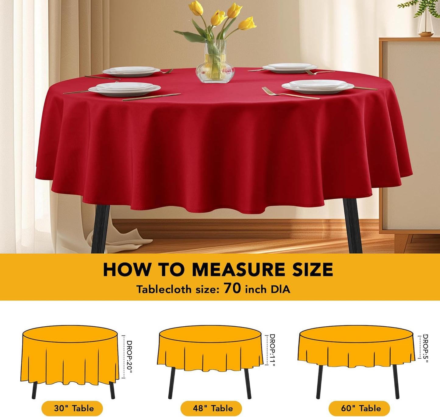 10-Pack Red Round Tablecloths, 70 Inches, Stain-Resistant Polyester for 3-4 Ft Round Tables - Washable Table Covers for Weddings, Banquets, Birthday Parties, Events