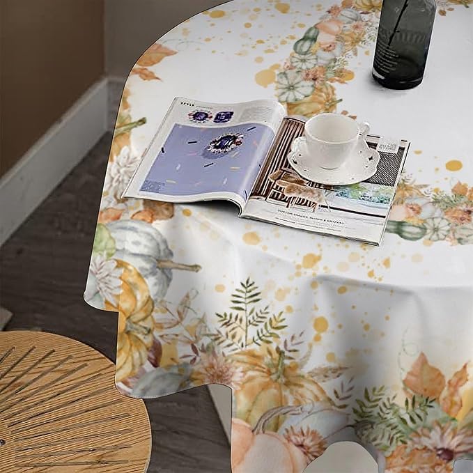 YCness Fall Tablecloth Thanksgiving Autumn Harvest Orange Watercolor Pumpkin Leaves Table Cover for Party Picnic Dinner Decor 36x36 Inch Round
