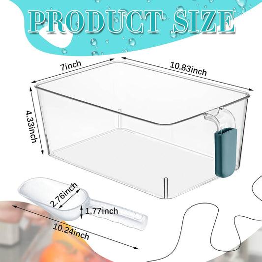 Havawish 2 Set Ice Bin and Flexible Scoop Set Plastic Freezer Ice Bin with Pull out Handle Clear Storage Bucket for Container with Bucket Scoop(Dark Blue,10.83 x 7 x 4.33 in)