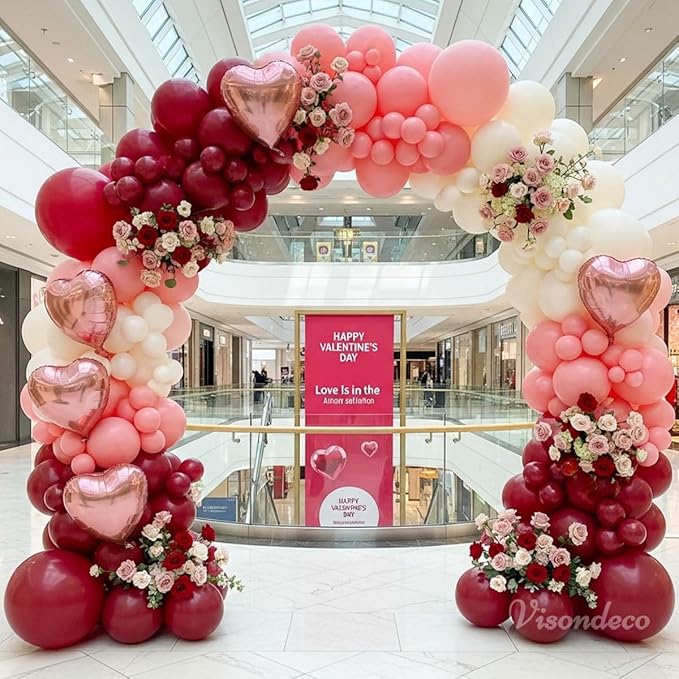 131Pcs Burgundy Red and Pink Valentines Balloons Arch Kit with Ivory & Rose Gold Heart Shaped Foil Balloons - Birthday, Proposal, Valentine's Day Decorations, Mother's Day, Wedding, Party Backdrop