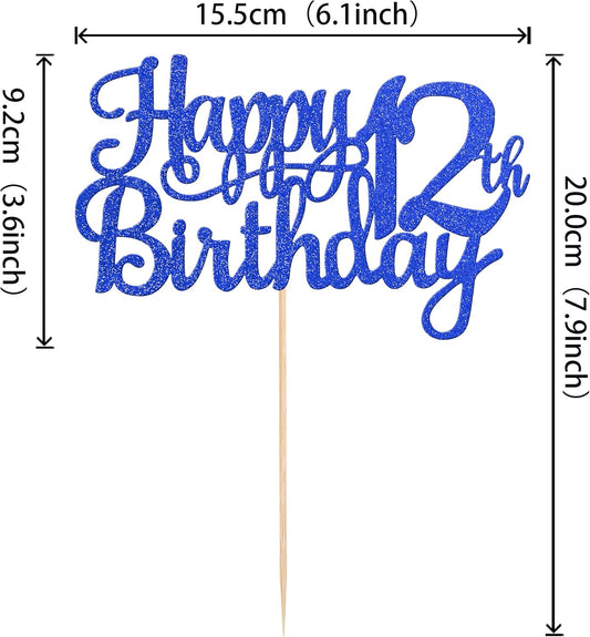 1 PCS Happy 12th Birthday Cake Topper Glitter Cheers to 12 Years Birthday Cake Pick 12 Fabulous Cake Decoration for Happy 13th Birthday Theme Party Decorations Supplies Blue