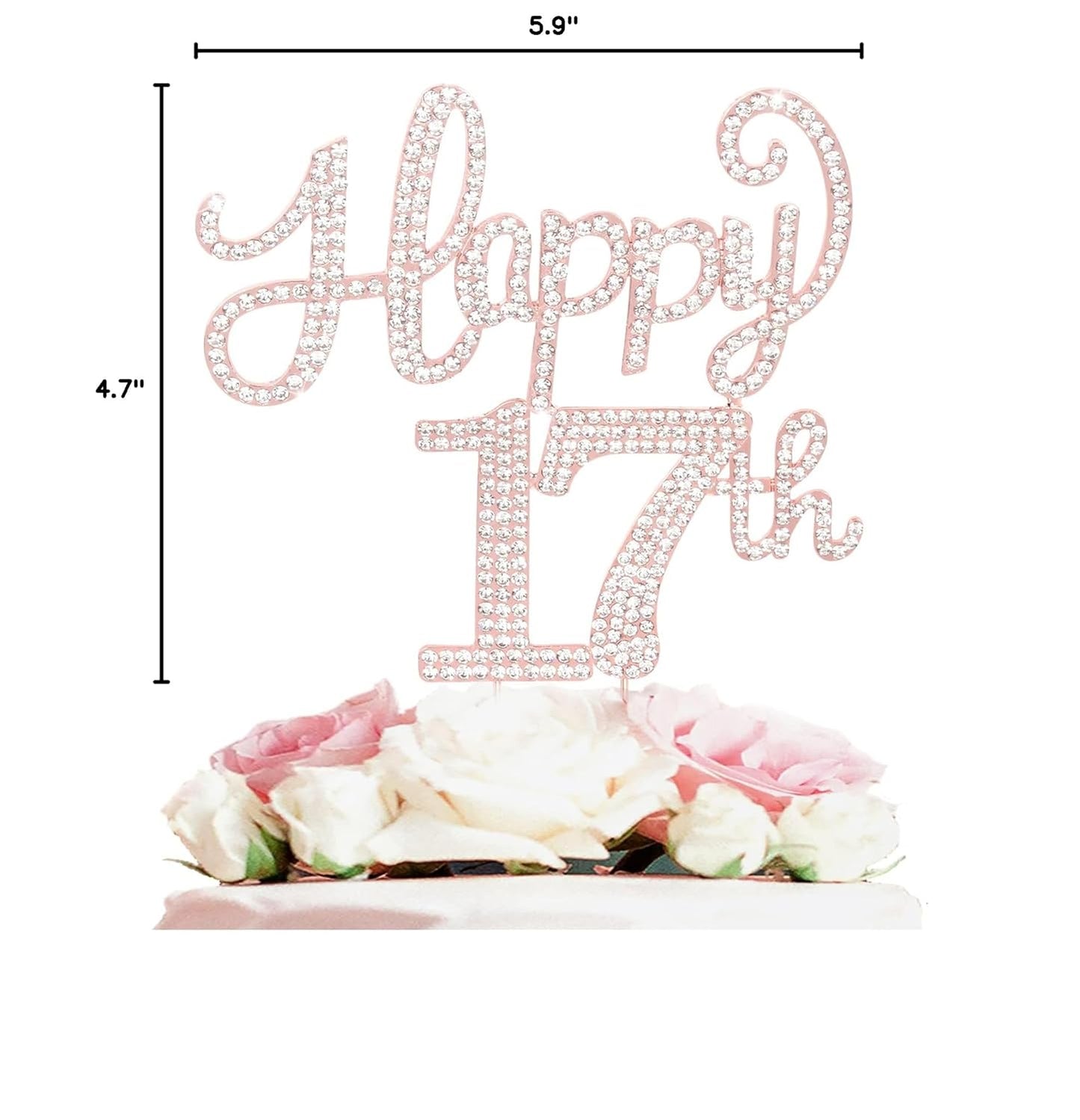 LASKYER Happy 17th Birthday Rose Gold Rhinestone Cake Topper - 17th Birthday/Anniversary,Cheers to Seventeen Years Old Bday Party Metal Sparkly Centerpieces Decorations.