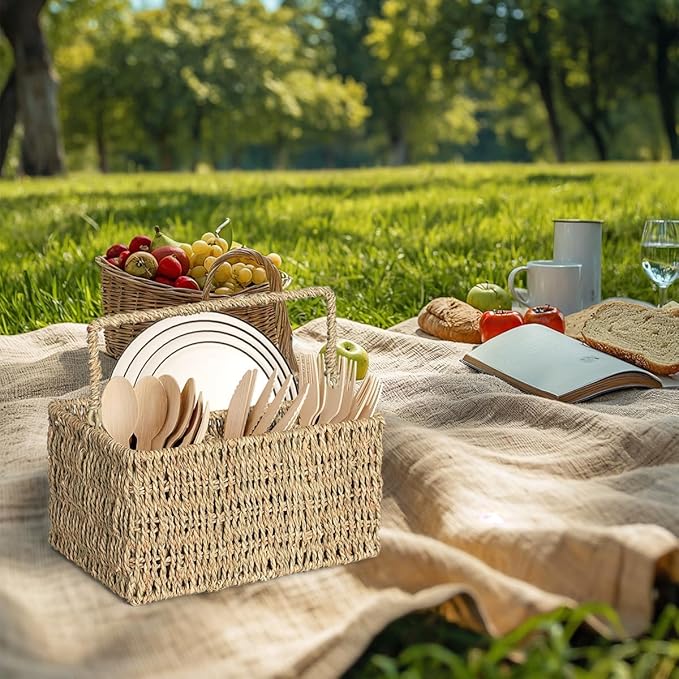 Wicker Flatware Organizer, Seagrass Cutlery Holder, Outdoor Silverware Caddy, Woven Divided Utensil Caddy with Handle, Utensil Holder for Forks, Knives, Spoons, Napkins (Natural Seagrass)