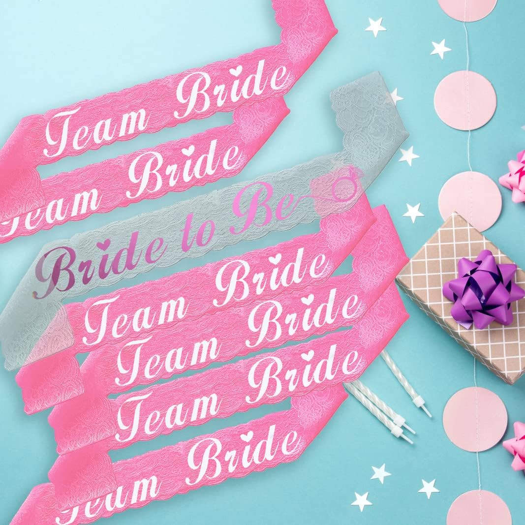 Team Bride Sash Set- 1 White Lace Bride to Be Sash and 6 Team Bride Sashes for Bachelorette Party Supplies