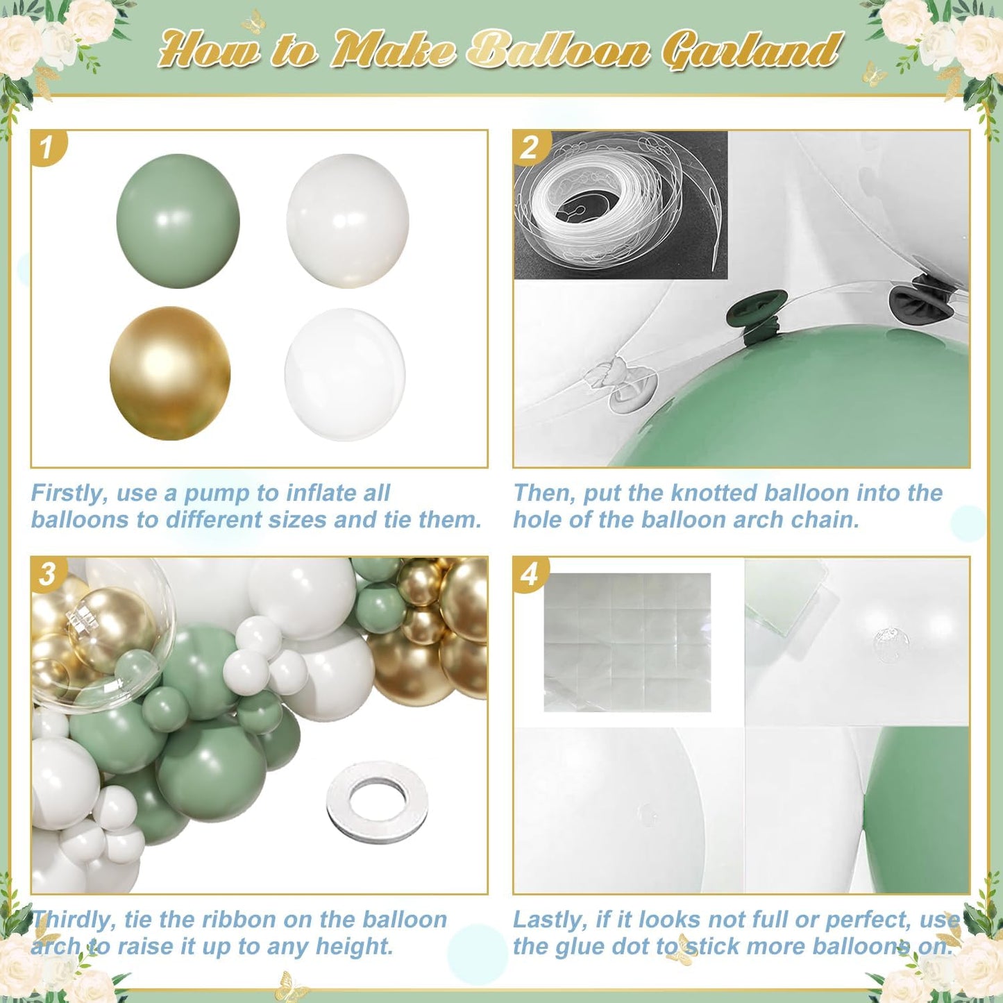 Sage Green Balloon Arch Kit 126 Pcs Neutral Green and White Metallic Gold Balloon Arch Garland Kit for Wedding Birthday Baby Shower Gender Reveal Bridal Decorations