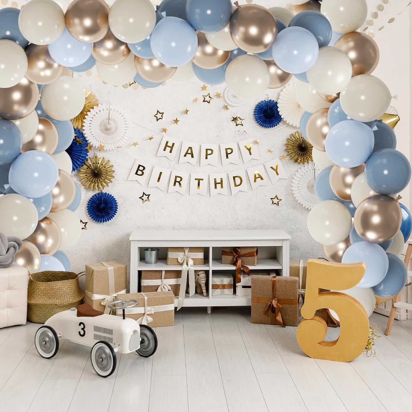 50pcs Dusty Blue Balloon Set, 12-Inch Baby Slate Blue, Sand White & Champagne Gold Confetti Balloons, Elegant Decor for Baby Showers, Weddings, Graduations & Boys' Birthdays