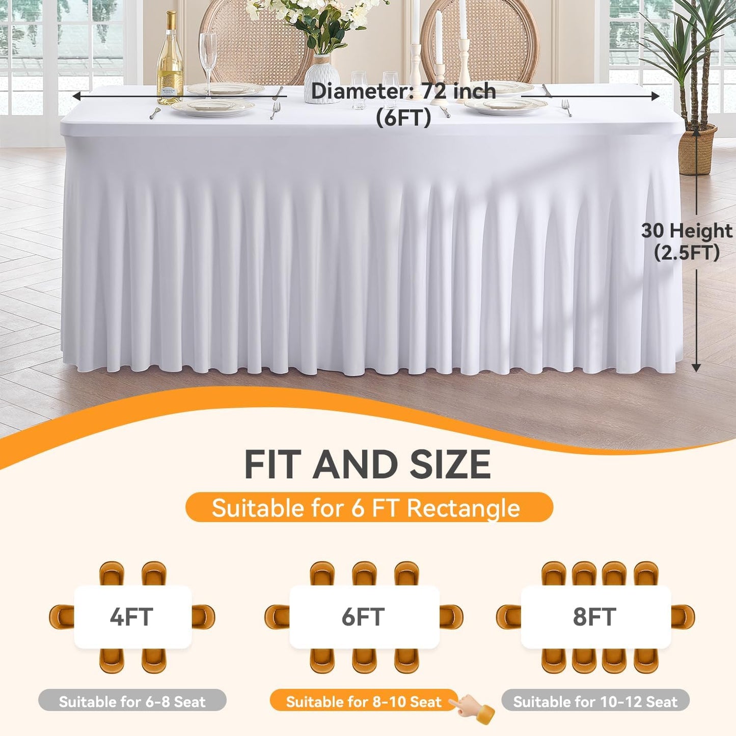 Outpain White Spandex Table Clothes for 6 Foot Rectangle Tables-3Pack 6FT Spandex Fitted Table Cover, Wrinkle Free Tablecloths with Skirt for Parties, Wedding, Birthday, Banquet, Festival