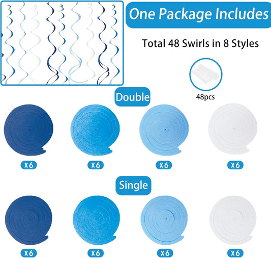 48 Pcs Blue Hanging Swirl Party Decorations Ombre Blue Felt Ceiling Spiral Streamers with Hooks for Birthday Wedding Baby Shower Graduation Party Supplies