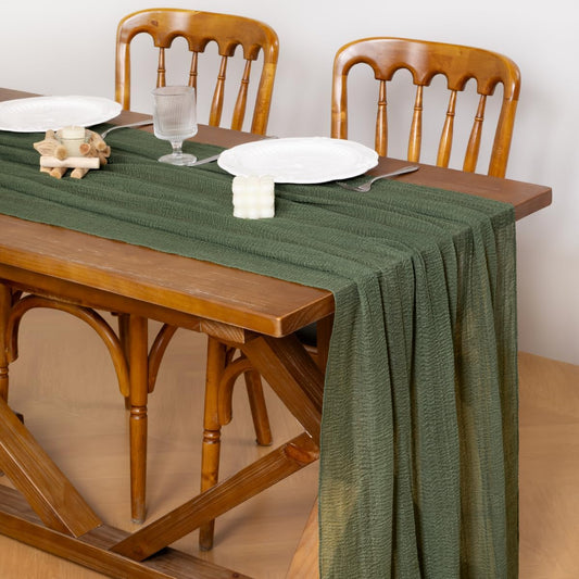Socomi 3pcs Green Cheesecloth Table Runner Olive Fall Thanksgiving Gauze 120 Inch Rustic Boho Cheese Cloth Runner for Wedding Party Baby Bridal Shower Centerpiece Decoration Holiday Home Decorations