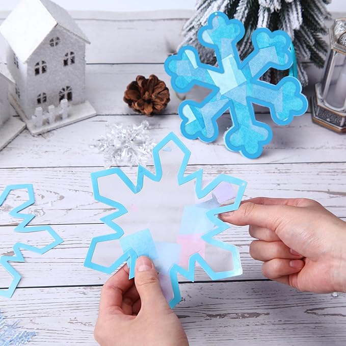 Motipuns 32 Pcs Winter Snowflake Suncatcher Ornament Craft Kit with Blue Ribbon, Christmas Window Art Decoration DIY Ornament Set for Adults Winter Activity
