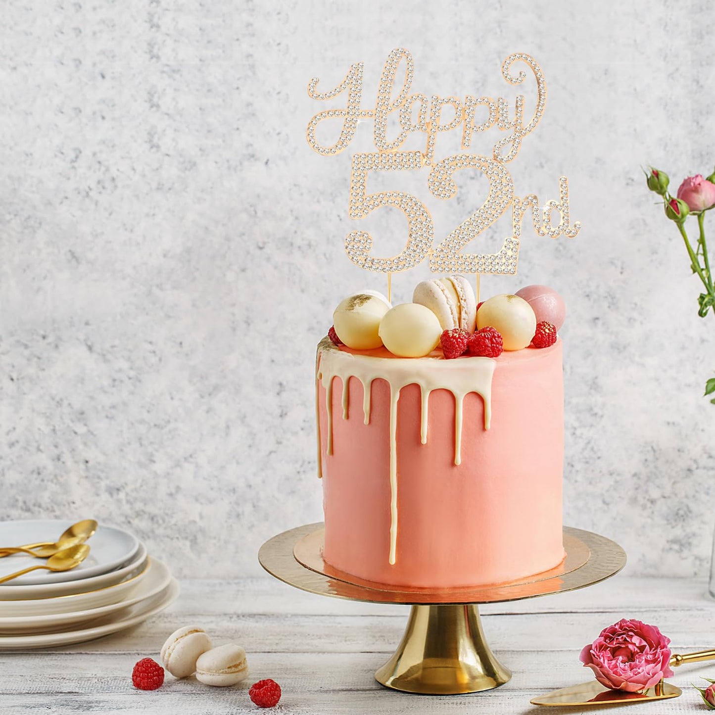 Happy 52nd Birthday Decorations,52nd Birthday Gold Rhinestone Cake Topper - Cheers to 52 Years Old Bday Party Metal Sparkly Cake Centerpieces Sign.