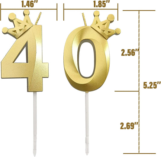 The Number 40 Gold Birthday Candles for Cake is Beautiful Number Candles for 40th Birthday Decorations for Man and Women (Gold-40, Crown)