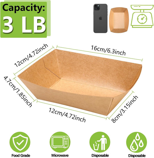 100 Pack 3lb Heavy Duty Kraft Leak Proof Paper Food Boats Disposable Nacho Trays Takeout Trays for Chips, Hot Dogs, Popcorn, Snacks, BBQ, Party, Picnic, Wedding