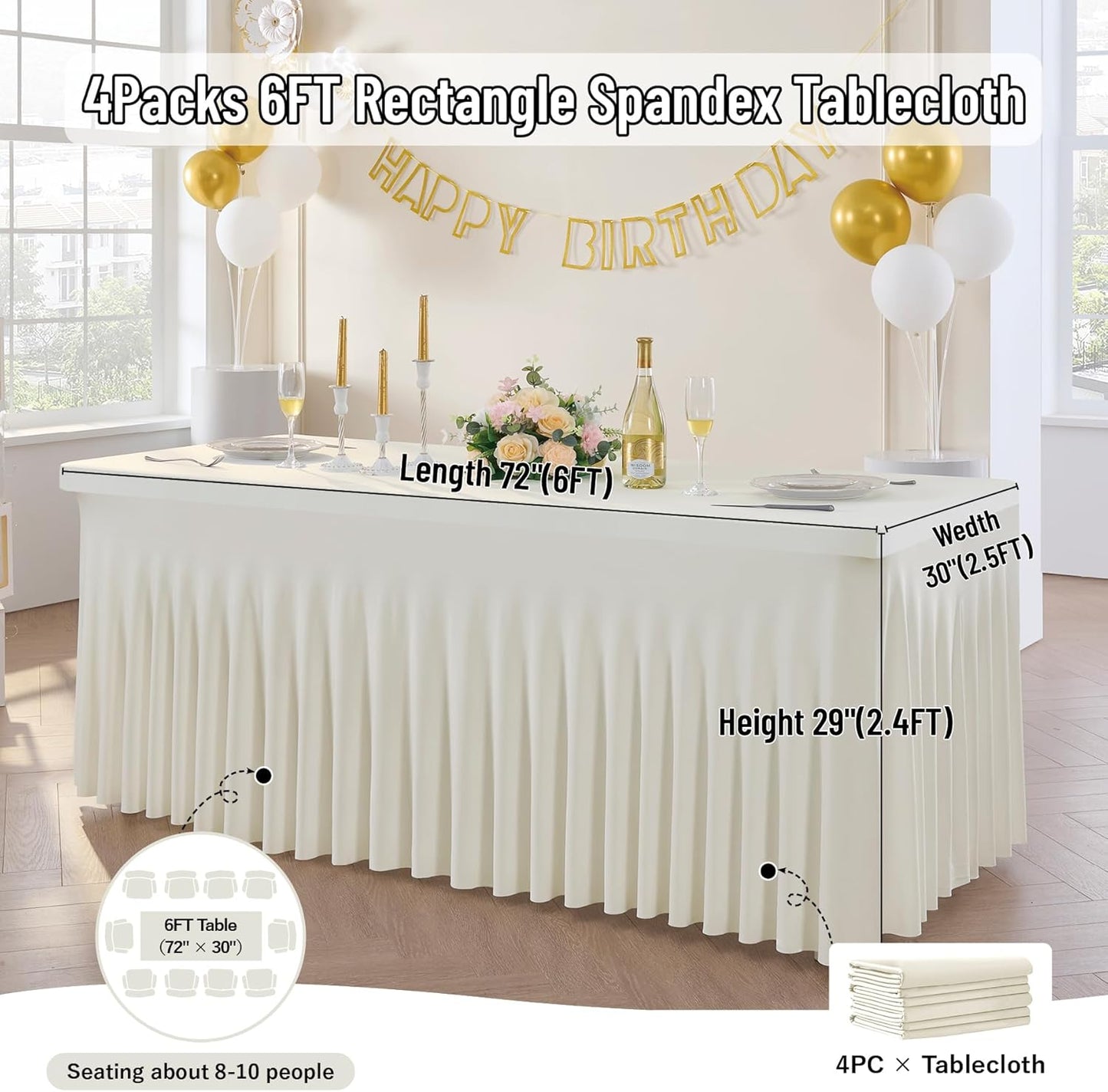 Outpain 6ft Spandex Table Cloth for Standard Folding Tables-4Pack Ivory Table Cloth Table Protector for Party, Wedding, Cocktail, Banquet, Festival