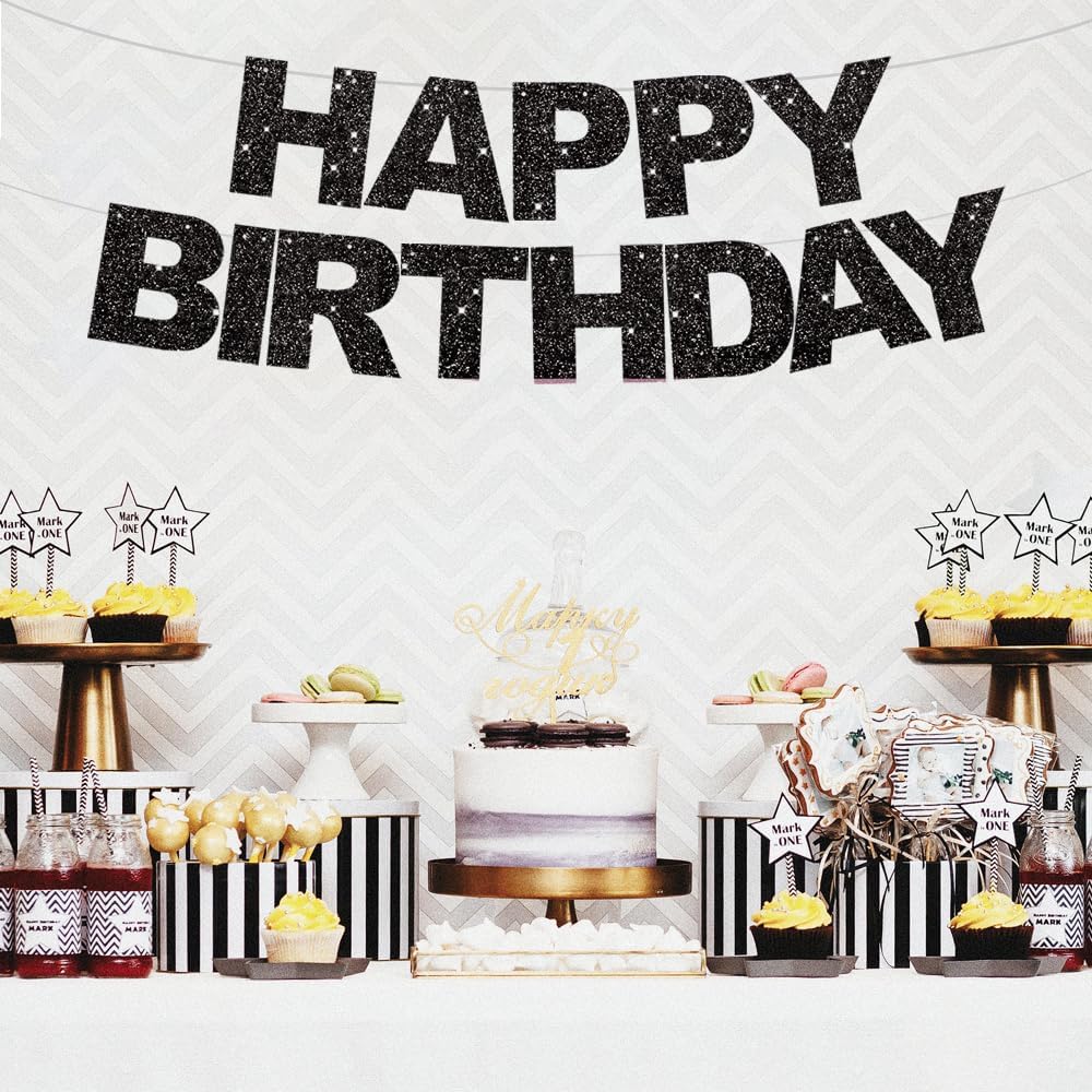 BEISHIDA Black Happy Birthday Banner - Pre-Strung,No DIY,Happy Birthday Decorations - Birthday Sign - Birthday Banner for Women, Kids Decor&Backdrop
