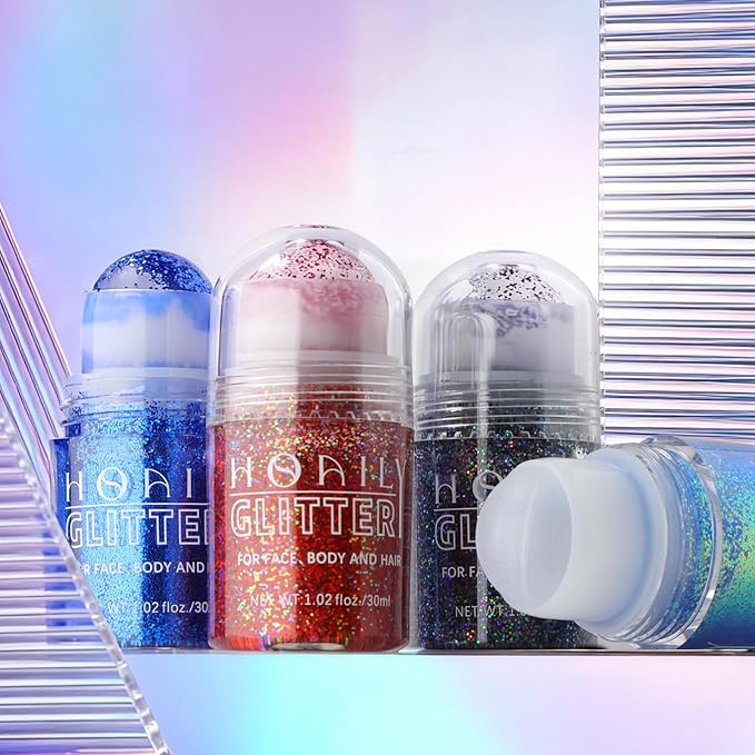HOSAILY Roll-on Holographic Blue Body Glitter Gel for Face Hair, Chameleon Color Changing Face Paint Glitter Gel Mermaid Makeup, Chunky Sequins Festival Party Rave Accessories Shimmer Makeup