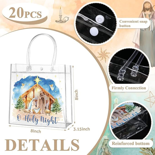 Aliceset 20 Pcs Christmas Nativity Gift Bags with Handles Clear Christian Christmas Goodie Bags Watercolor Holy Night Jesus Wrapping for Christian Holiday Decoration Religious Presents Wrapping