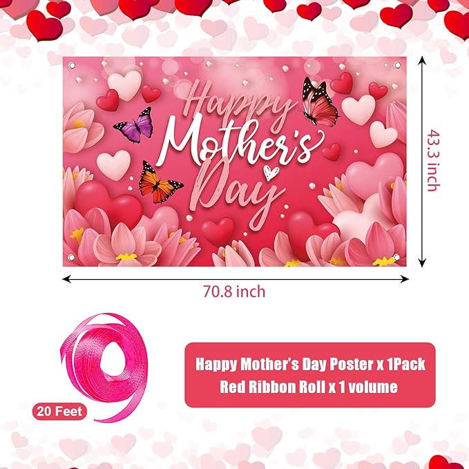 Large Happy Mother's Day Banner Decorations Mothers Day Flag Outdoor 71x44 Inch,Mom Gifts for Indoor Home House Decor Party Supplies,Yard Sign Background for Photography, Red Pink Heart Flowers