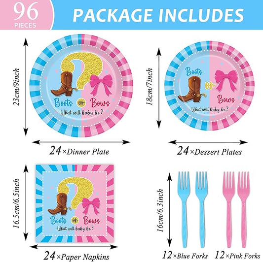 OBUSATT 96Pcs Boot or Bows Gender Reveal Party Decoration Boy or Girl Paper Plates Napkins Blue or Pink Supplies Boot or Bows Dinnerware Set Disposable Favor for Baby Shower Gender Reveal Serves 24