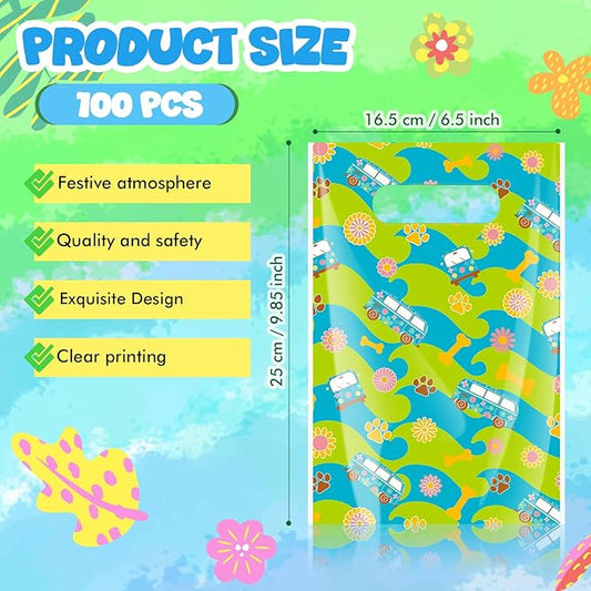 Frienda 100 Pcs Mysterious Dog Party Plastic Gift Bags with Handles 9.84''x6.5'' Cartoon Car Dog Goodie Bags Groovy Retro Daisy Flower Gift Candy Treat Favors for Picnic Summer Birthday Party Supplies